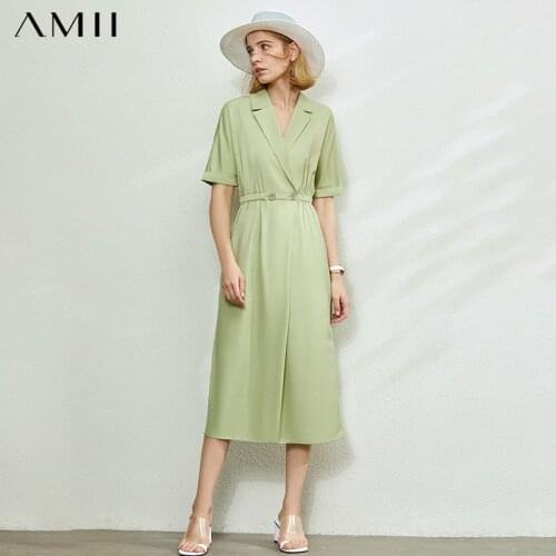 AMII Minimalism Spring Summer Fashion Lapel Solid Women Dress Causal Elastic Waist Half Sleeve Calf-length Female Dress 12020076