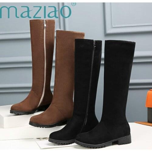 Simple Women Boots Female Winter Shoes Woman Fur Warm Snow Boots Fashion Square Low Heels Knee High Boots Black Boots MAZIAO