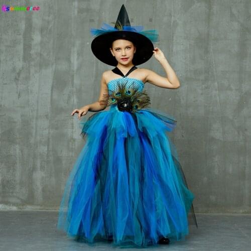Girls Deluxe Peacock Feather Tutu Dress with Witch Hat Children Fancy Purim Pageant Birthday Party Costume Kids Prom Ball Gown