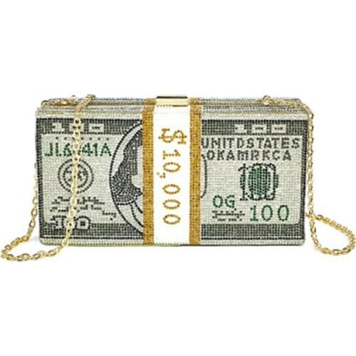 Luxury womens evening dress bag crystal diamond clutch bag euro currency pattern wedding party shoulder bag diagonal bag purse