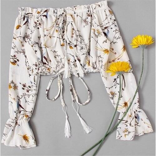 Sexy Women Slash Neck Floral Top Summer Short Lace Up Chiffon Simple T Shirt Strapless Top Bandage Tee Shirt Femme