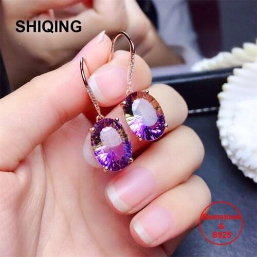 SHIQING Real Ametrine big gemstone 925 sterling silver bling earrings 10*14mm