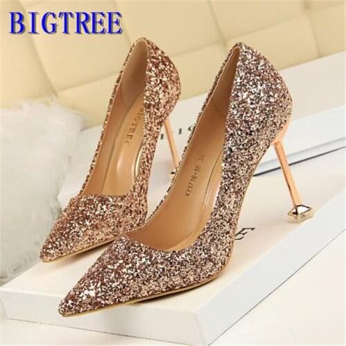 BIGTREE Women Pumps Extrem Sexy High Heels Women Shoes Thin Heels Female Shoes Wedding Shoes Gold Sliver White Ladies Shoes