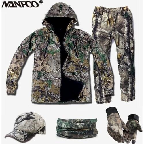 Outdoor Mens Tree Bionic Camouflage Hunting Suit Thermal Fishing Clothing Tactical Military Hooded Set CS Costume