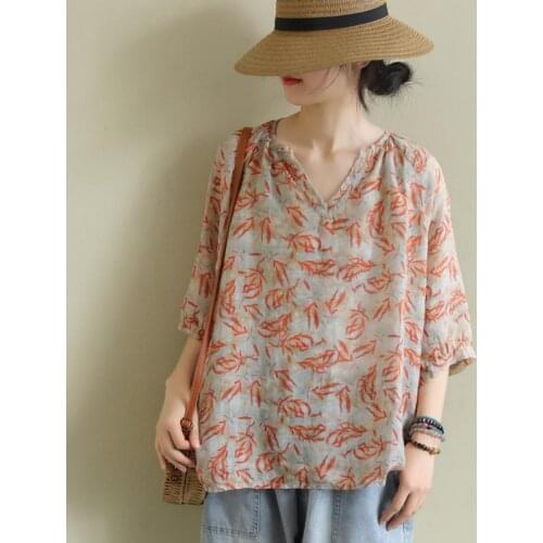 FairyNatural Ladies Print Floral Retro T-Shirts Half Sleeve Loose Soft New Casual Women Cotton Blend 2021 Spring Summer Tshirts