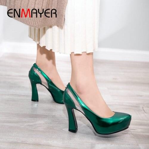 ENMAYER 2020 Patent Leather Slip-On Party Pumps Women Shoes Square Heel Luxury Shoes Women Designers Round Toe Women Shoes