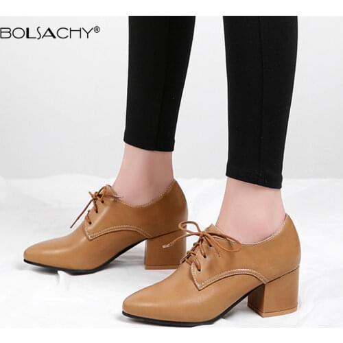 2020 New Spring Women Pumps Vintage Chunky Heel Cut Out Oxford Shoes Lace Up Female Fashion Elegant Classica Ladies High heels