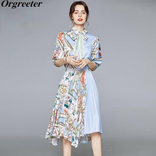 Retro Printted Skirt Two Piece Set Women Bow Tie Sashes Half Sleeve Floral Blouse and Irregular Pleated Skirt Women Clothing Set