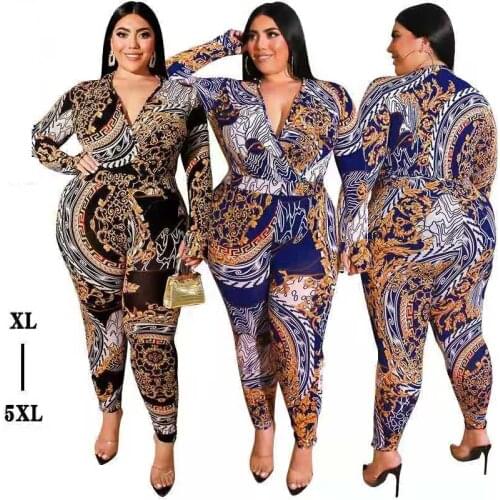 Sexy Print Plus Size Jumpsuit New Deep V Neck Bodysuit High Waist Tight-Fitting Buttocks Overalls Summer Women Skinny Jumpsuits