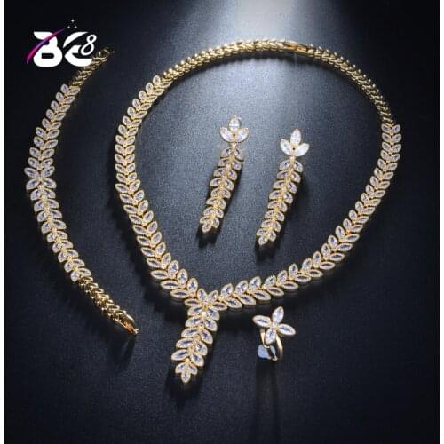 Be 8 Bridal Wedding Jewelry Sets Leaf Shape CZ Necklace Bracelet Earrings and Ring Women 4pc Jewelry Set Bijoux Femme S144