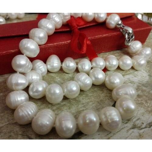 Wedding women Jewelry 18'' 11mm-15mm Top Natural Freshwater pearl White Pearl Choker Necklace highlight Handmade Free Box