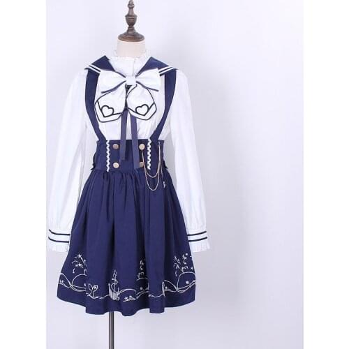 Japanese Sweet Lolita Women Jumper Dress Juniors Preppy style Sailor collar Soft sister Bow Strap Cosplay JSK Two pcs set