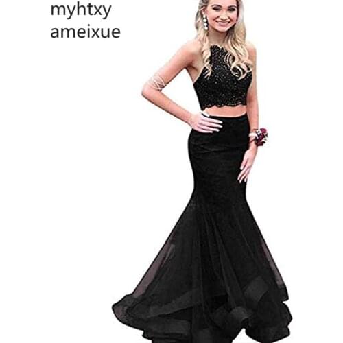 2021 Multicolor Sexy Evening Dressed Long Halter Multilayered Tulle Beaded 2 Piece Formal Party Dress Robe De Soiree Plus Size