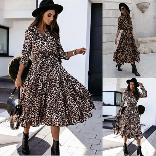 Winter Casual Leopard Print Maxi Dress Women Slim Lace Up Button Long Sleeve Mid-Calf Party Dresses Female 2020 Fashion Vestidos