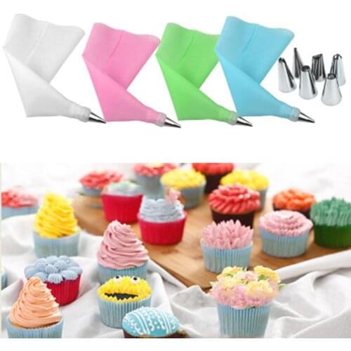 8pcs/set Silicone Kitchen Accessories Icing Piping Cream Pastry Bag 6 Stainless Steel Nozzle Set Diy Cake Decorating Tips Set