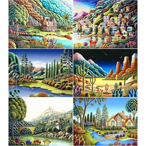 AZQSD 5D Diamond Painting Town Tree Cross Stitch Kits Diamond Embroidery Landscape Mosaic Full Square Drill Decor For Home