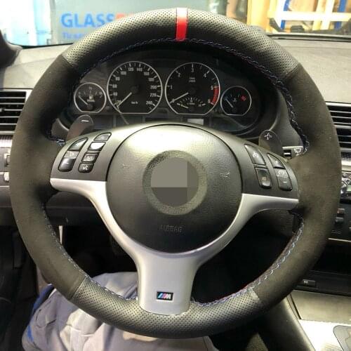 Black Genuine Leather Suede Non-Slip DIY Car Steering Wheel Cover For BMW E46 E39 330i 540i 525i 530i 330Ci M3 2001 2002 2003