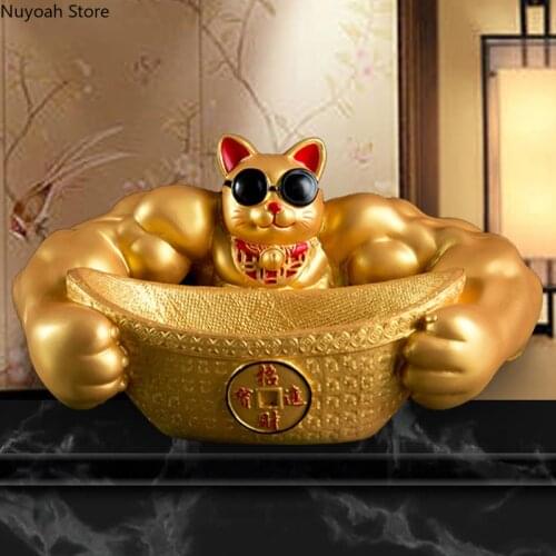 Lucky Cat Storage Decoration Creative Living Room Decoration Golden Resin Animal Statue Crafts Muscle Lucky Cat Opening Gift