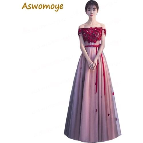 A line Long Evening Dress 2018 New Arrival Appliques Flowers Party Dress Boat Neck Off the Shoulder robe de soiree Haute Couture