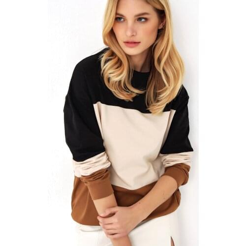 Women Beige 3-Block Crew Neck Sweatshirts Loose Knitted Oversized Sweatshirt Streetwear Vintage Hoodies Autumn Long Sleeve