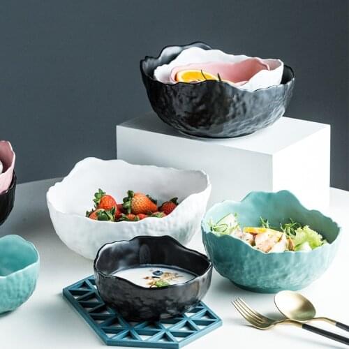 Nordic Ceramic Fruit Bowl Breakfast Soup Bowl Household Large Salad Bowl Vegetable Bowl Dessert Bowl Solid Color CN(Origin)