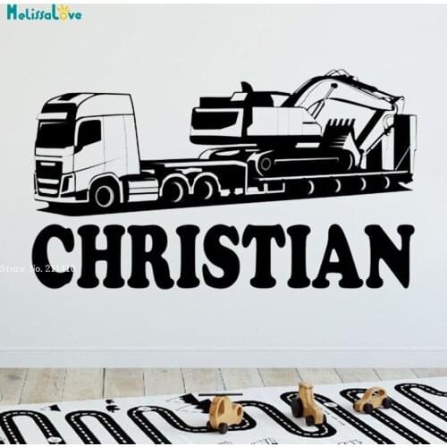 Excavator Transporter Vinyl Wall Stickers Kids Worksite Dump Large Size Decals Personalized Name Nursery Poster YT6084