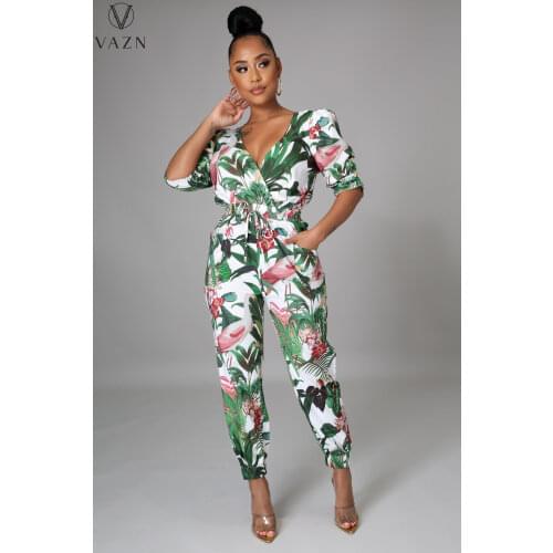 VAZN 2021 INS Elegant Fresh Print Plus Size High-end Young Office Lady Sexy Deep V-Neck Half Sleeve Women Straight Jumpsuits