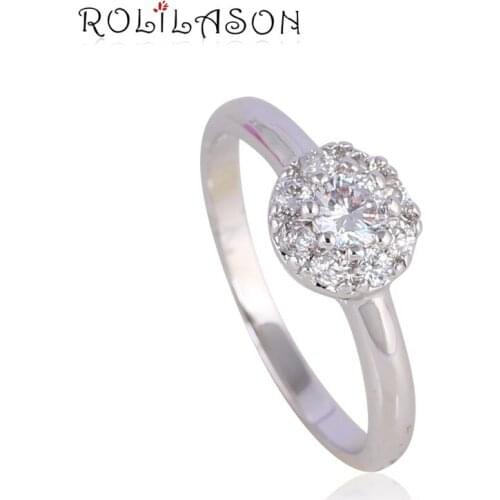 ROLILASON flower shape silver color crystal zircon ring simple and generous party gift for womenJR2101