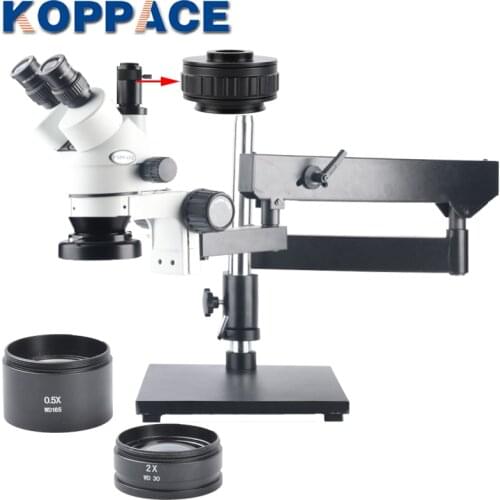 KOPPACE 3.5X-90X Trinocular Zoom Microscope Articulating Boom Stand Includes 0.5X And 2.0X Objective 144 LED Ring Light