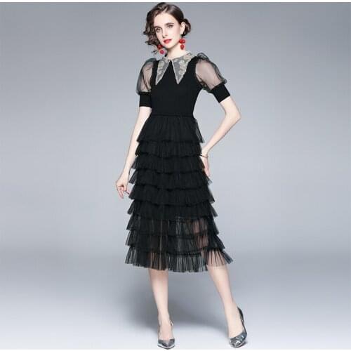 Lace Patchwork Summer Dress Women Black Puff Sleeve Long Mesh Dress Ball Gown Ruffles Sweet Party Dress High Waist C738