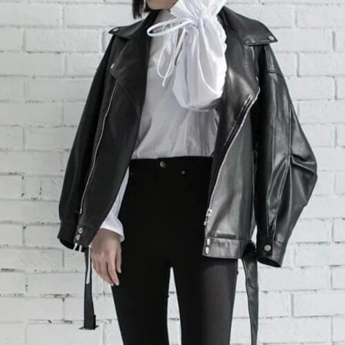 Oversized Autumn Spring Women Pu Leather Jackets Moto Biker Female Faux Leather Jackets Ladies Turn Down Collar Zipper Belt Coat