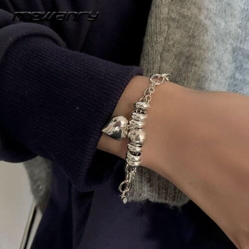 Mewanry 925 Sterling Silver Bracelet for Women Trend Hip Hop Vintage LOVE Heart Round Beads Thick Chain Jewelry Birthday Gifts