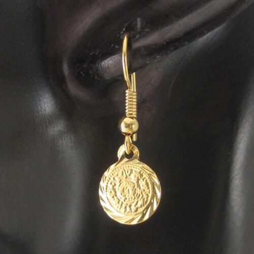 MIN ORDER 10$ /MUSLIM COIN MONEY SIGN CARVED SIMPLE DESIGN - GP DANGLE 1.06" EARRING BIGGEST ROUND CHARM DIA 9MM 0.35"