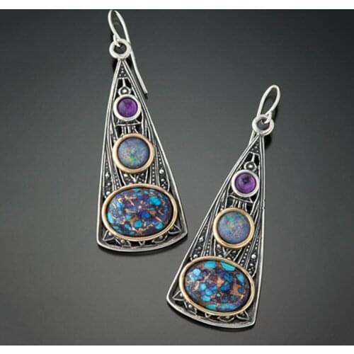 Fashion Creative Big Triangle Fill in Amethyst Aobao Earrings National Ethos Plating Antique Gold&Silver Two Color Jewelry Gift