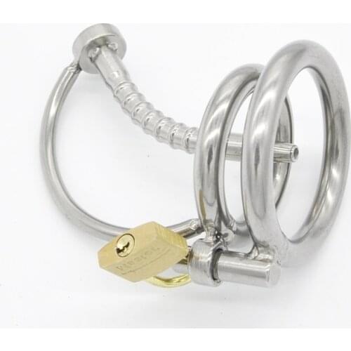 New!Stainless Steel Male Chastity Device with Catheter,Cock Cage,Penis Ring,Penis Lock,Adult Game,Cock Ring A082