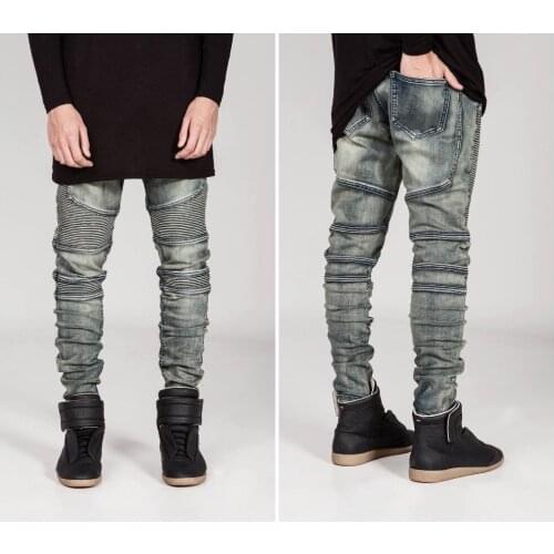 New mens Biker Jeans Motorcycle Slim Fit Washed yellow Black Grey Blue Moto Denim skinny Elastic Pants Joggers For Men jeans