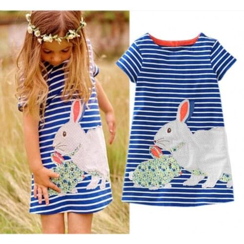 Baby Girls Clothes Blue Striped Rabbit Embroidery Dress Casual Lovely Dresses Bebe Girls Kids Clothes