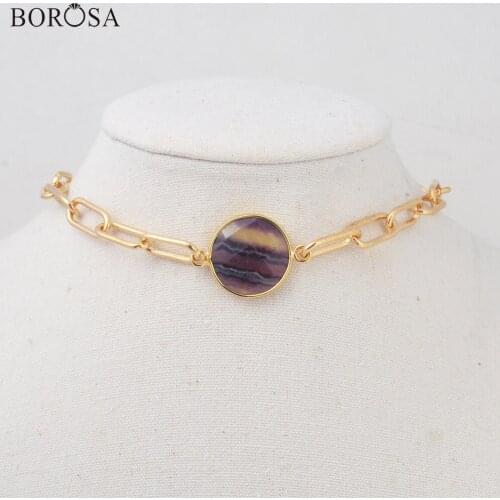 BOROSA Boho Round Natural Amethysts Gold Choker Necklace Gems Stone Pendant Beads 14'' Link Chain Necklace for Women HD0353