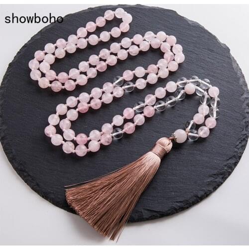 8mm Rose Quartz and Clear Crystal Beads Knotted Mala Necklace 108 Rosary Meditation Yoga Declaration Japamala Jewelry