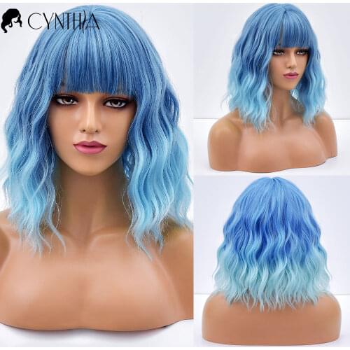 Womens Cosplay Wavy Hair Synthetic Wigs With Bangs For Women Short Wave Natural Heat Resistant Blue Ombre Daily Fibre Wig