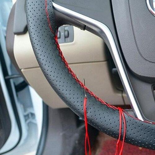 Useful DIY Faux Leather Soft Car Steering Wheel Cover with Needles and Thread
