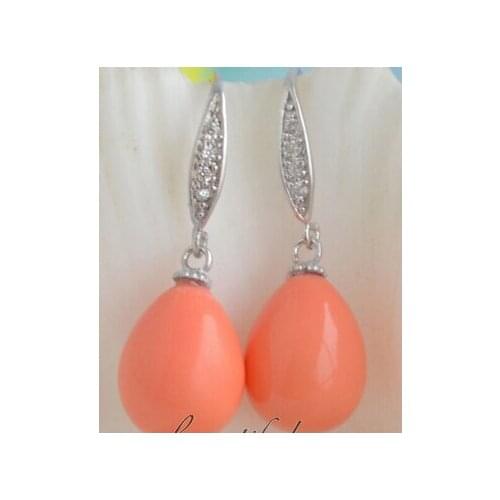 Z6539 16MM DRIP PINK CORAL SOUTH SEA SHELL PEARL DANGLE EARRING JEWERLY>Lovely Fine Nobility Ladys Womens Earrings