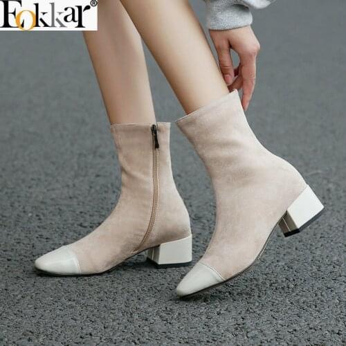 Eokkar 2021 Women Ankle Boots Square Mid Heel Winter Boots Warm Inside Shoe Square Toe Zipper Casual Ladies Boots Plus Size 44