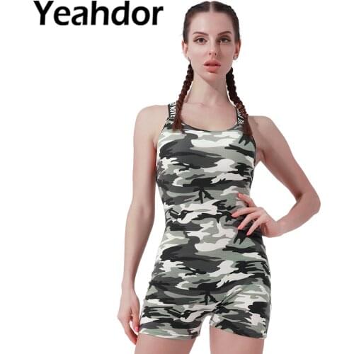 Women Summer Camouflage Printed Jumpsuits Sportwear Wide Shoulder Strap Sleeveless Backless Bodysuit Removable Padded Playsuit