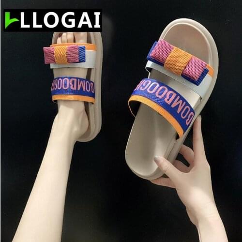 LLOGAI Chaussure Femme Mesh Summer Slippers For Women Mixed Colors Sandals Woman New Platform Slippers House Flat Heels