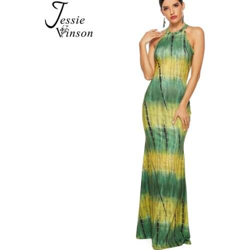 Jessie Vinson Sleeveless Halter Bodycon Long Mermaid Dress Women Sexy Race Back Print Long Maxi Dresses Party Dress Vestidos