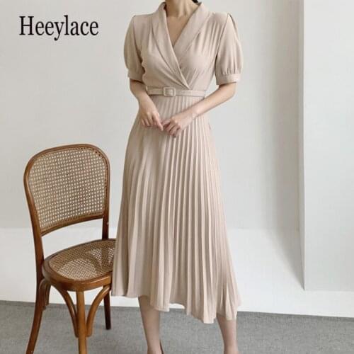 Elegant Women Belt Waist Solid Ankle Length Summer Short Sleeve 2021 Fashion Office Lady Wear Korean Pleated Dresses