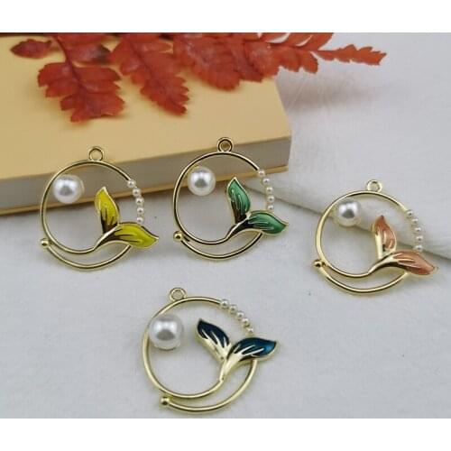10pcs Pearl Decor Round Tail Design Earrings Charms Fit Jewelry Making Accessory Chic Gold Tone Alloy Leaves Pendants