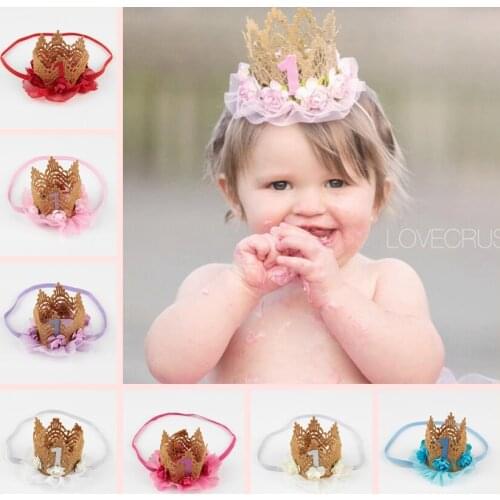 7 Colors Newborn Baby Birthday Crown Headband Flower Lace Gold Tiara Headband Baby Girls Party Hiar Band Accessories Cute Gifts