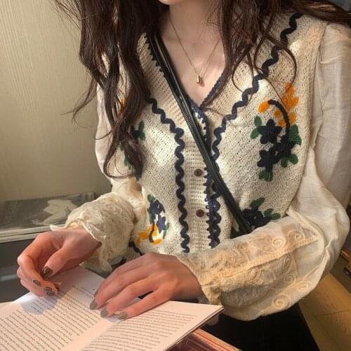 Womens Blouse Fake Two-piece Knitted Blouse, New Korean Style Temperament Lantern Sleeve Embroidery Long-sleeved Cardigan